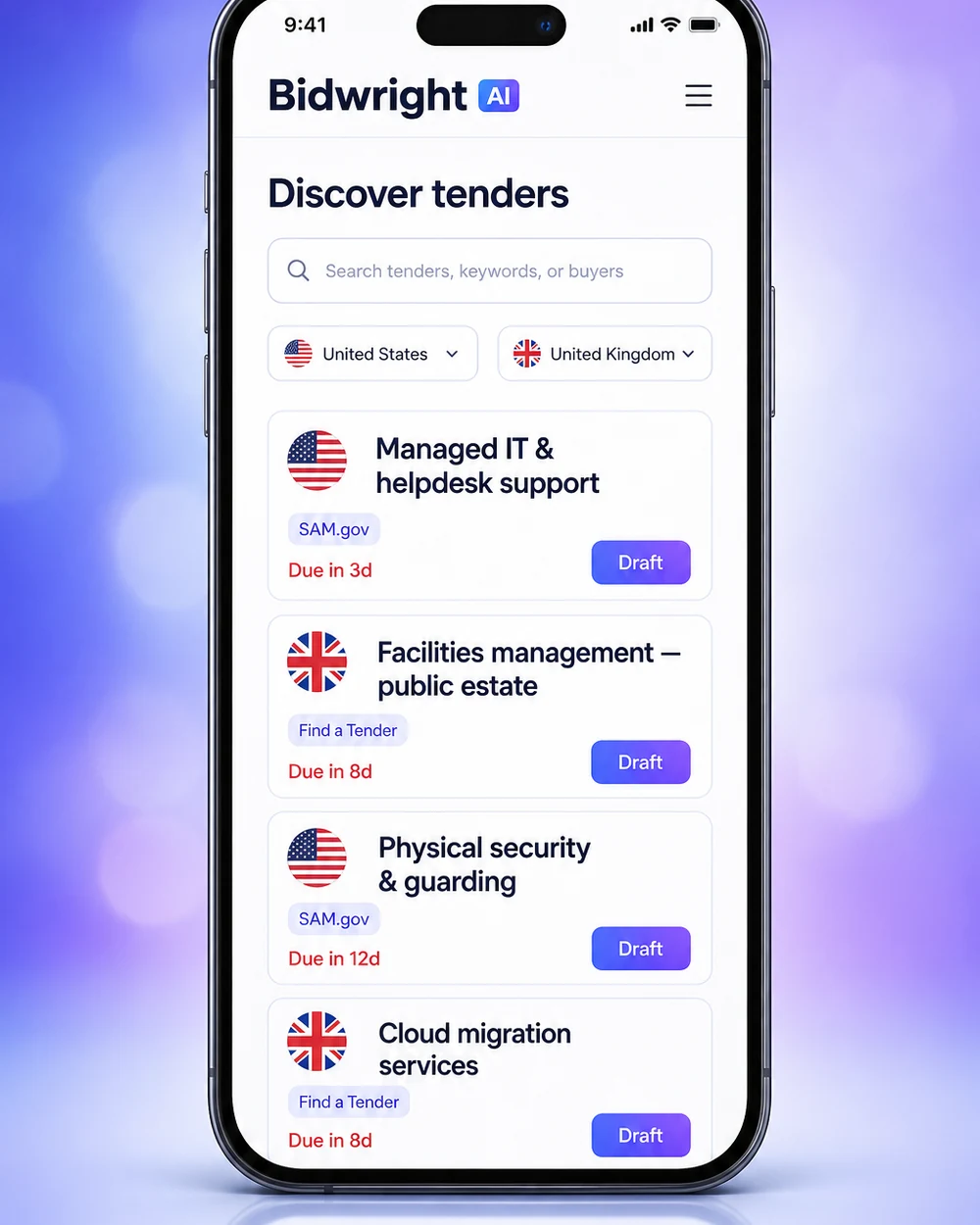 Bidwright's Discover view on a phone, listing live public tenders from US SAM.gov and the UK's Find a Tender, each with a deadline and a one-click Draft button