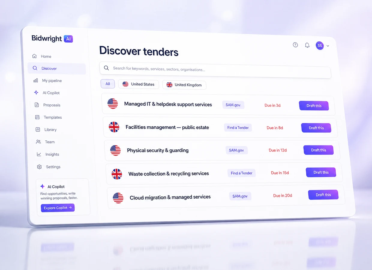 Bidwright's Discover view listing live public tenders from US SAM.gov and the UK's Find a Tender, each with a deadline and a one-click Draft this button